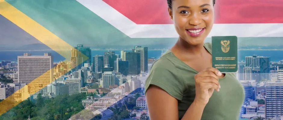 South African woman holding ID document with Cape Town skyline and South African flag background