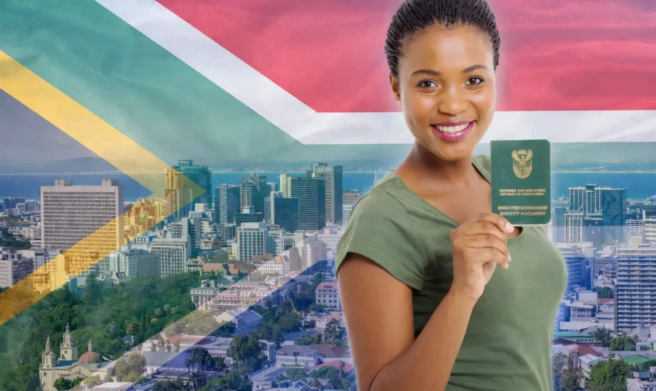 South African woman holding ID document with Cape Town skyline and South African flag background