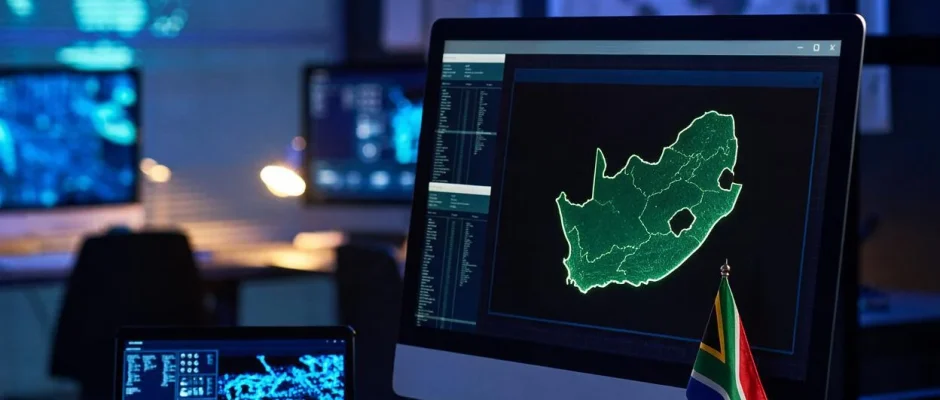 Computer room with a map of South Africa on screen and a South African flag on a desk