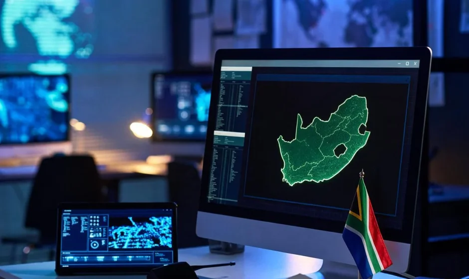 Computer room with a map of South Africa on screen and a South African flag on a desk